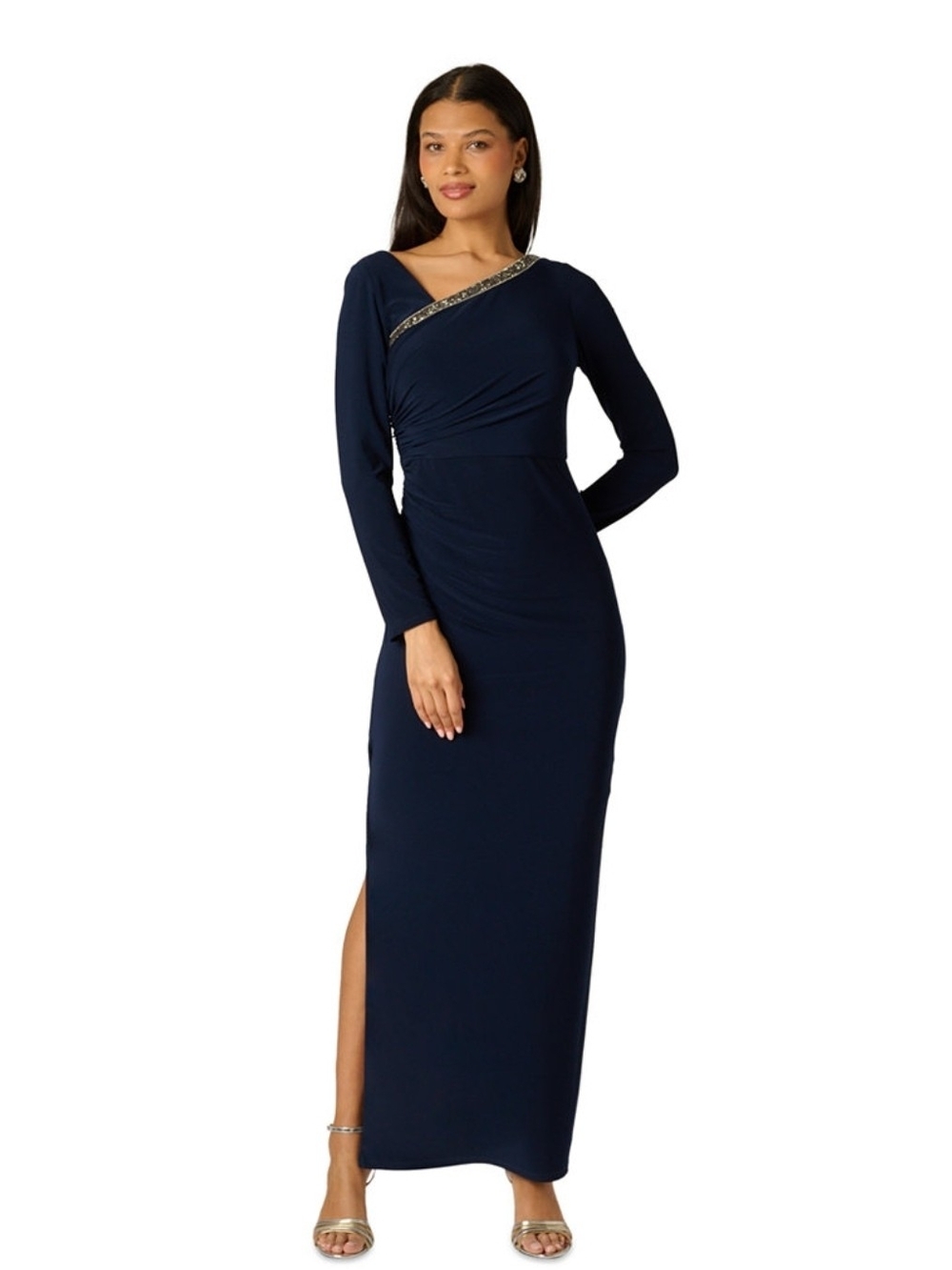 Adrianna Papell Dress Size 8 Asymmetrical Long-Sleeve Ball Gown Navy